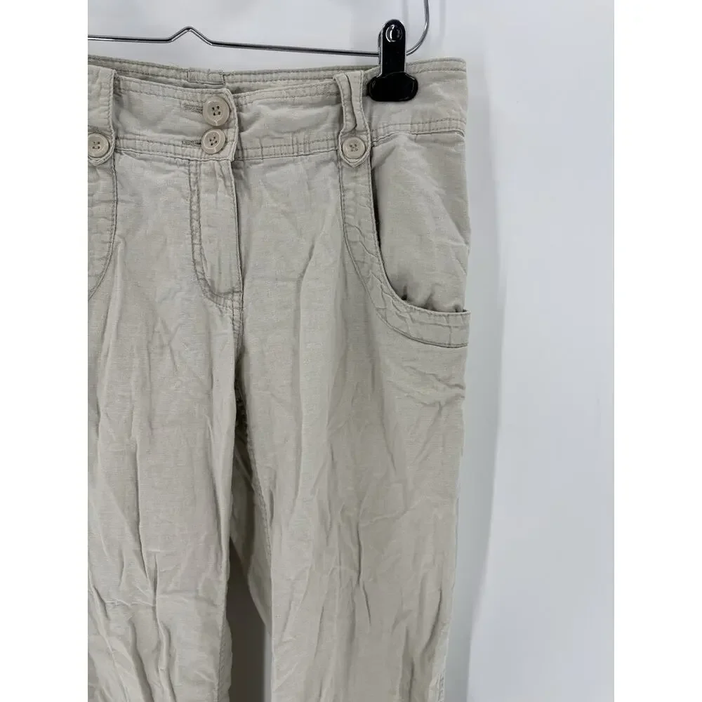 H&M Pants Womens 6 Beige Linen Cotton Pockets Straight Leg Comfort Mid Rise